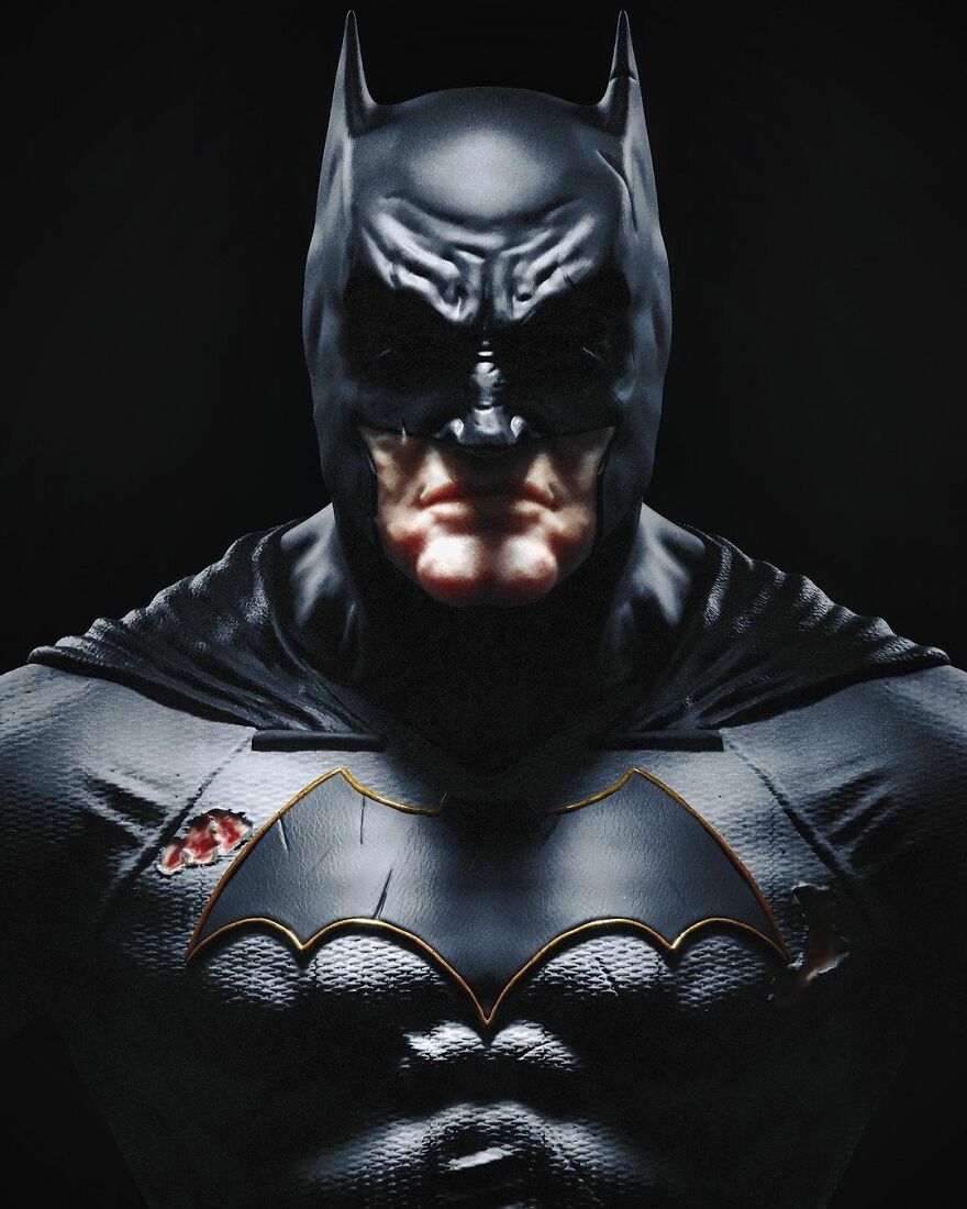 Terrifying digital artist creation of a popular character Batman with dark, menacing features and damaged suit details.