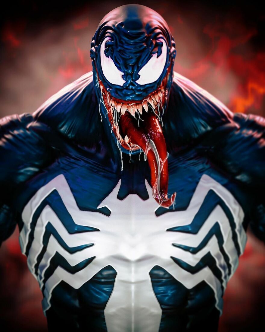 Terrifying digital artwork of a popular character Venom with sharp teeth and long tongue in a dark, fiery background.