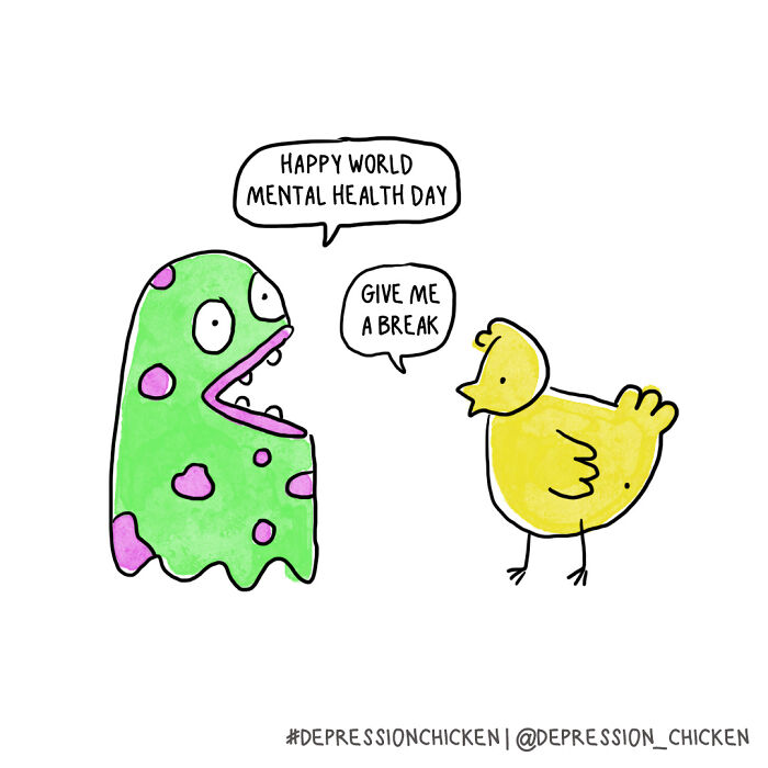 Cartoon of a green monster and yellow chicken talking about mental health, related to depression comics and mental health awareness.