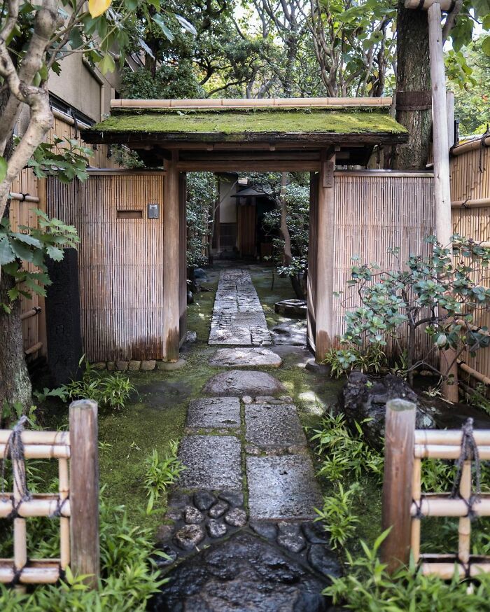 Traditional old architecture in Japan featuring a moss-covered gate and stone pathway surrounded by bamboo fences and greenery.