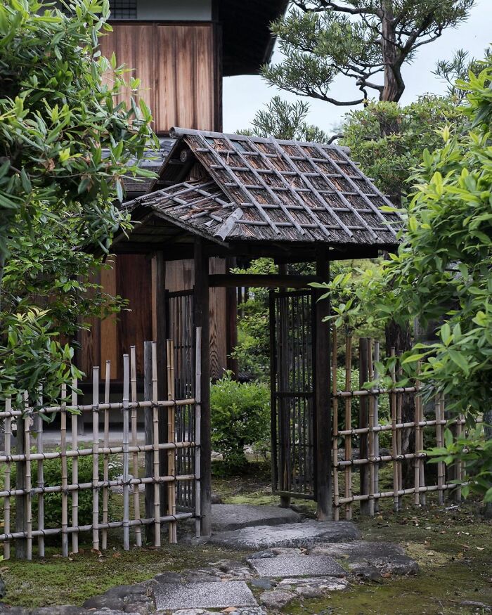 Traditional Japanese gate with wooden roof and bamboo fencing surrounded by lush greenery, showcasing old architecture in Japan.