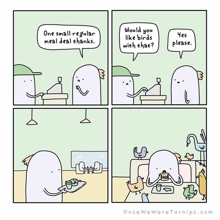 Australian cartoonist creates silly comics showing a character ordering food with birds joining at the table humorously.