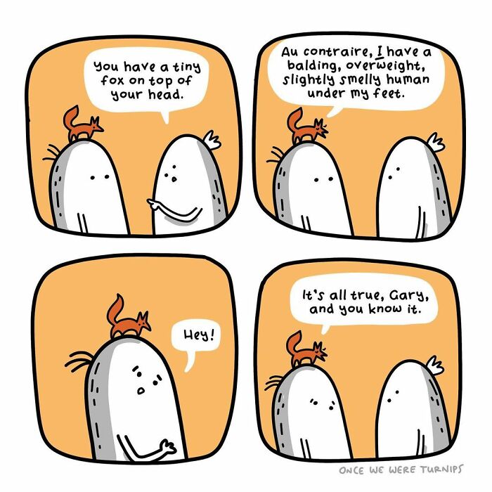 Cartoonist's silly comics featuring a tiny fox on a character’s head in a humorous Australian style.