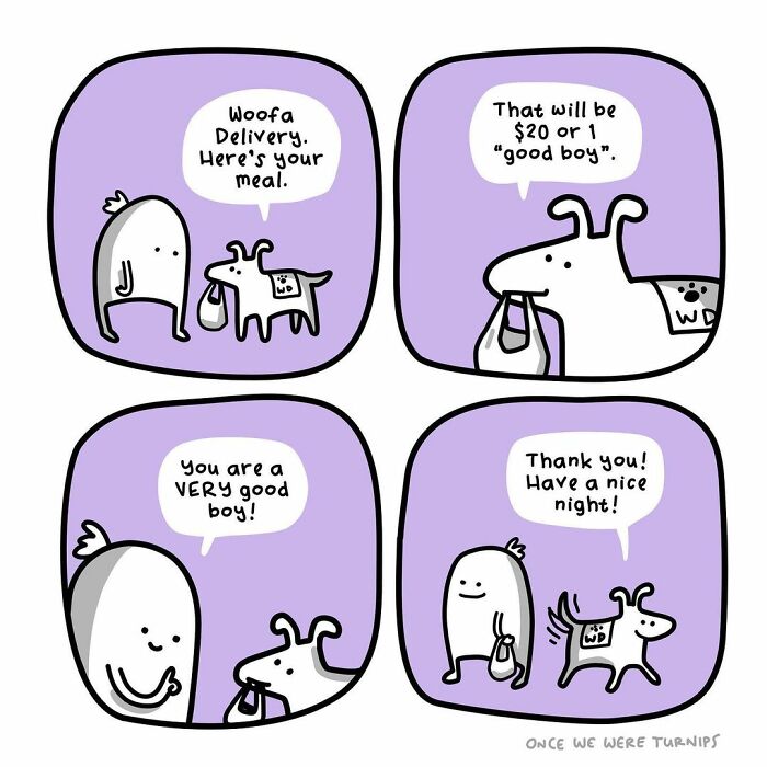 Cartoon dog delivers a meal in a silly comic panel by an Australian cartoonist to make you laugh.