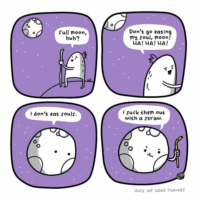 Cartoon comic by Australian cartoonist featuring a silly moon character making a funny joke with a straw.