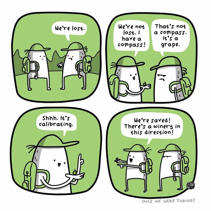 Australian cartoonist silly comics featuring two hikers lost, mistaking a grape for a compass humorously in a green background.