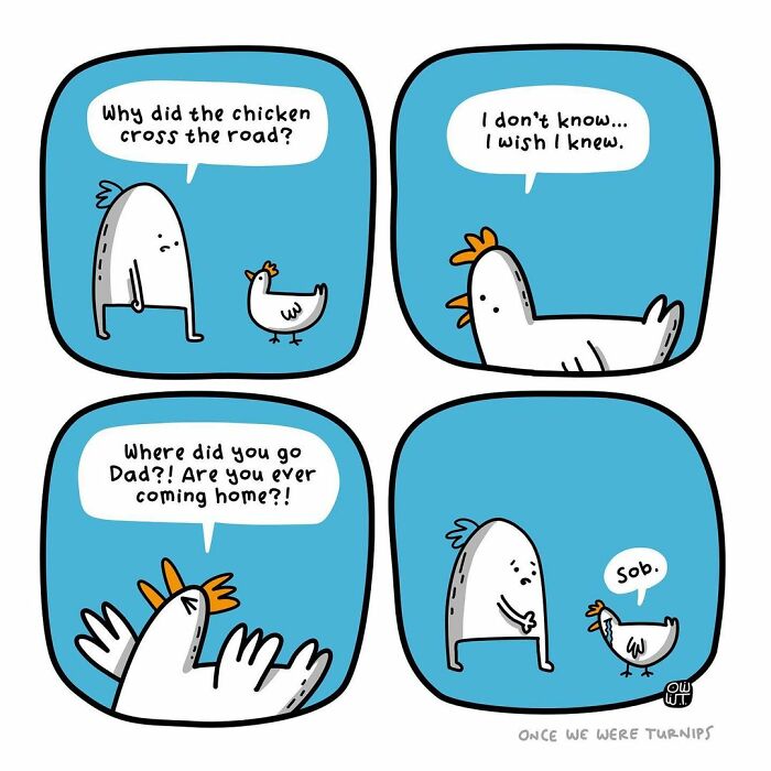 Comic strip by Australian cartoonist featuring silly chicken characters in a humorous, emotional interaction about crossing the road.