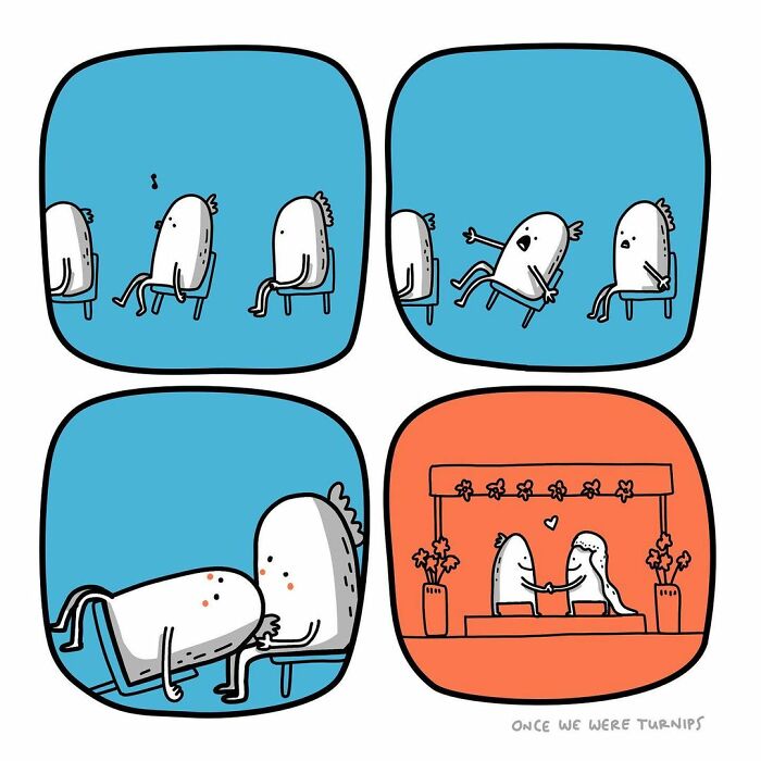 Simple comic panels by Australian cartoonist showing quirky characters interacting in humorous situations.