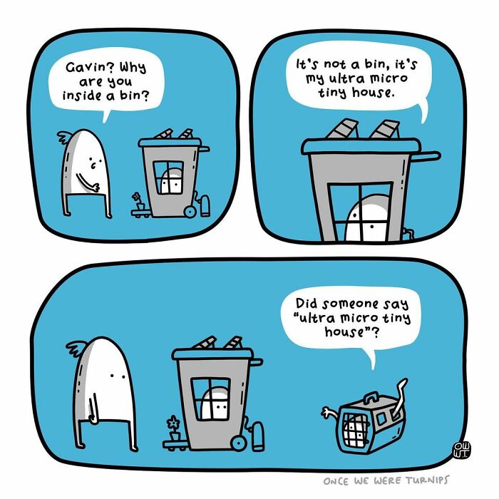 Cartoon of characters discussing an ultra micro tiny house, created by an Australian cartoonist in a silly comic style.