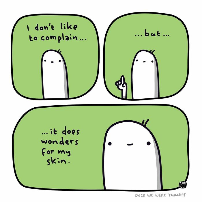 Minimalist silly comic by an Australian cartoonist featuring a simple character with humorous text about skin benefits.