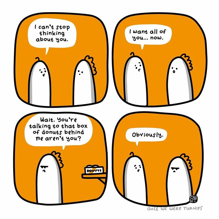 Simple silly comic by Australian cartoonist featuring characters talking about donuts with a humorous twist.
