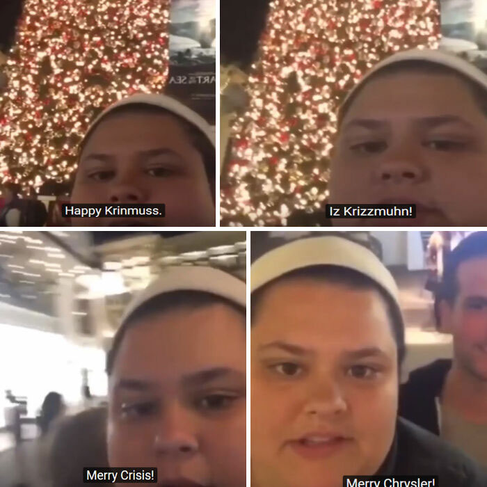 Person struggling to follow a train of thought while humorously mixing up holiday greetings near a Christmas tree.