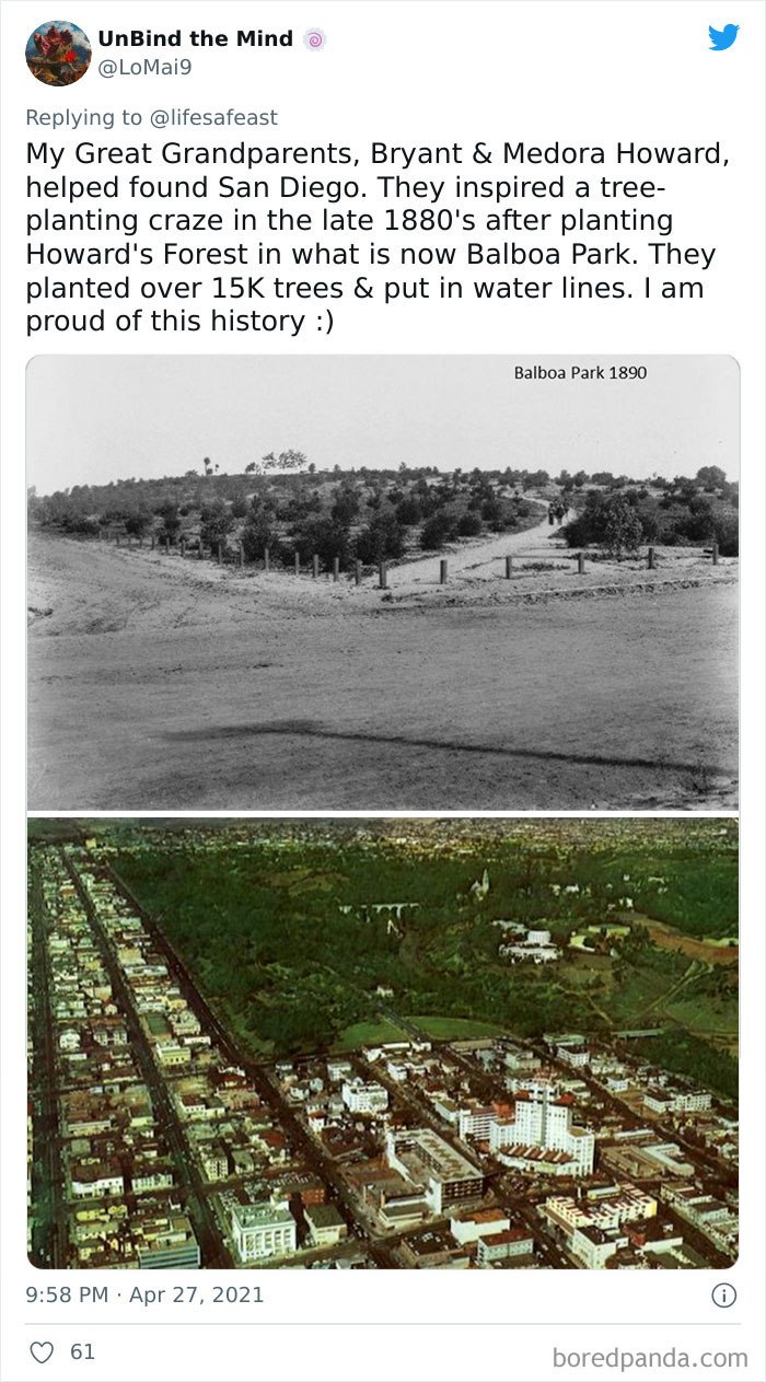 Historic and modern views of Balboa Park showcasing family history facts shared in a viral thread about coolest family stories.