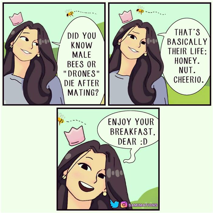 Illustration of a woman humorously sharing random thoughts about bees to cheer you up in a colorful comic style.