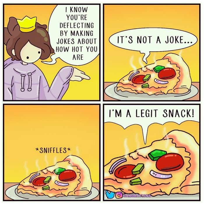 Comic illustration of a girl and a slice of pizza joking about being a legit snack to cheer you up.