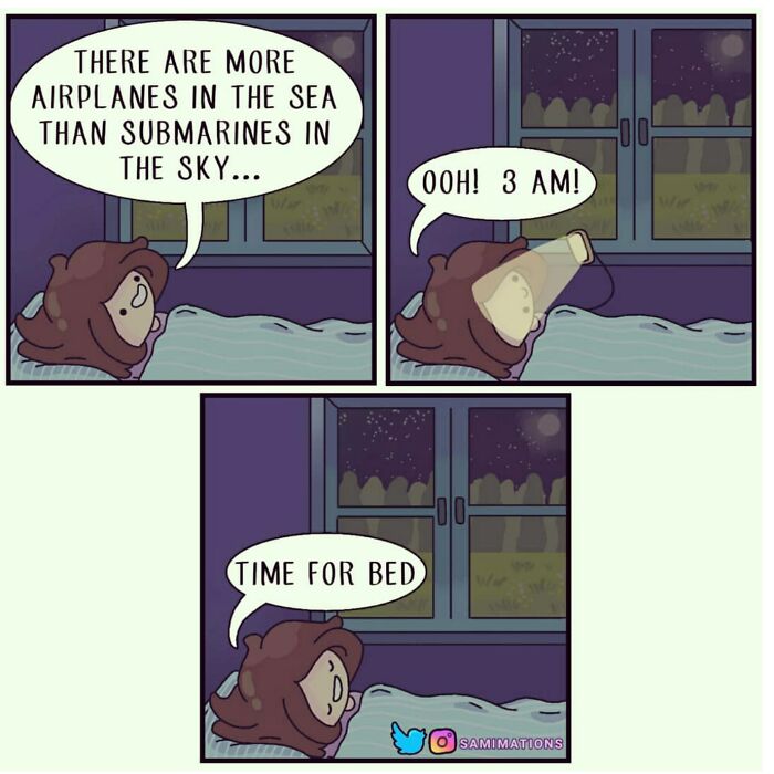 Illustration of random thoughts showing a person in bed realizing it's 3 AM and deciding it's time for bed.