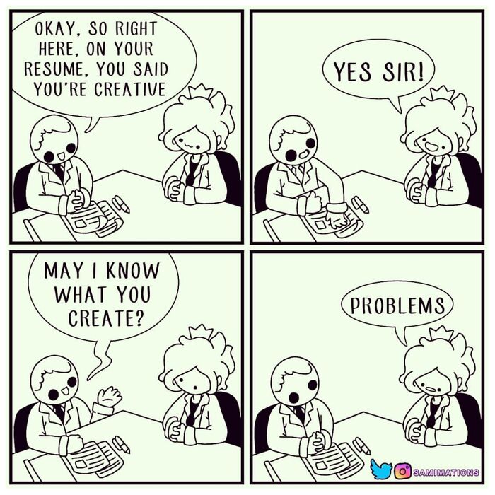 Black and white comic illustration depicting a job interview about creativity with a humorous twist on problem creation.