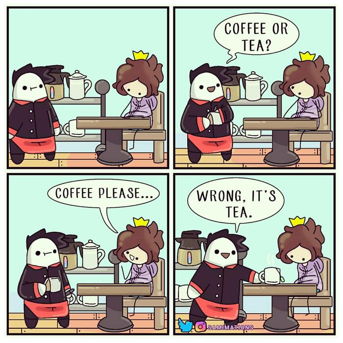 Cartoon illustration showing a humorous coffee or tea mix-up in a cute comic style to cheer you up.