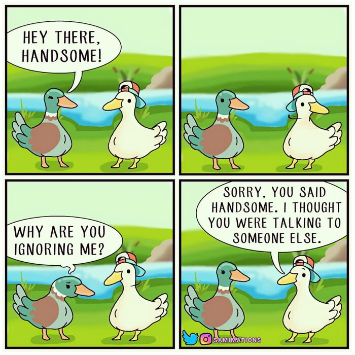 Cartoon ducks with a humorous conversation, illustrating random thoughts meant to cheer you up with lighthearted comic art.