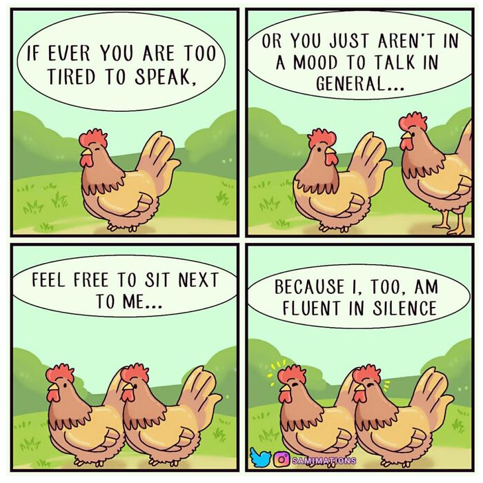 Illustration of two chickens comforting each other, depicting random thoughts to cheer you up with soothing silence.