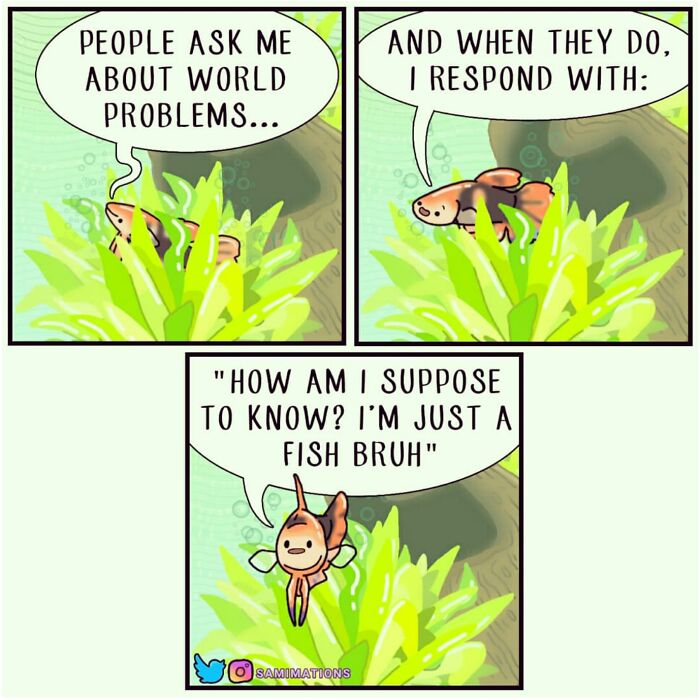 Comic illustration of a fish humorously sharing random thoughts to cheer you up with bright aquatic plants.