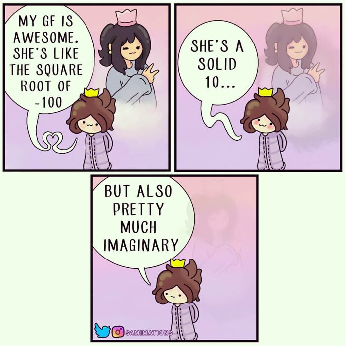 Comic panels illustrating random thoughts about a girlfriend being a solid 10 but also imaginary in a cheerful style.