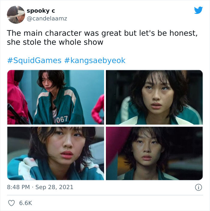 Collage of Squid Game scenes featuring a prominent female character in a green jacket.