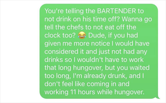 Boss Criticizes Bartender For Drinking During His Day Off, Changes His Tone Immediately When They Quit