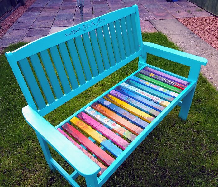Upcycled A Garden Bench, Every Slat Carefully Hand Painted.