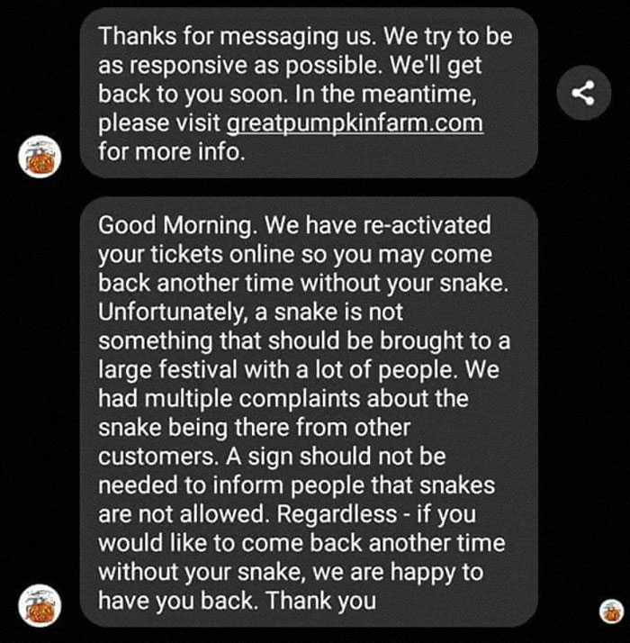 Pumpkin Farm Kicks Out Karen Who Brought A Snake To Its Territory, She Threatens To Go To The Press, Gets Shut Down By The Owner