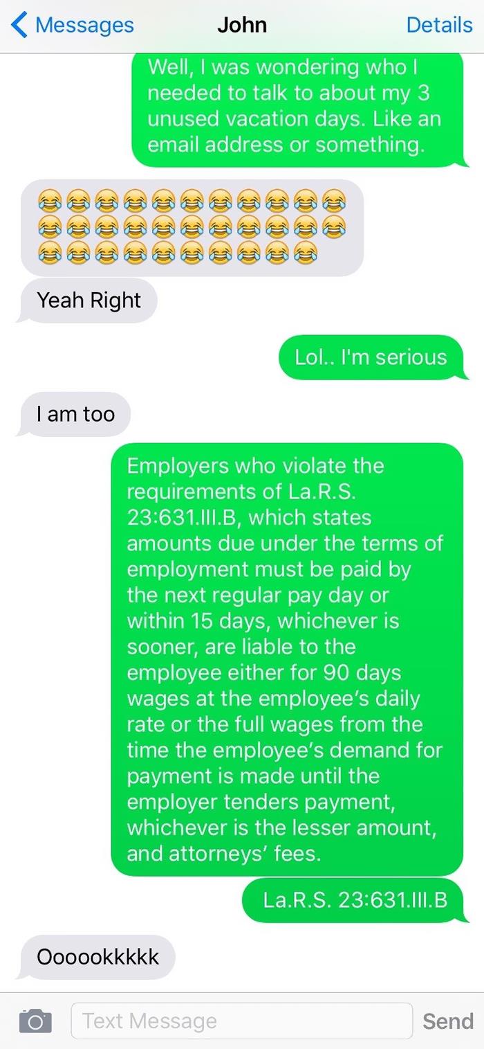 Text message exchange exposing a boss from hell about unpaid vacation days and relevant employment law details.