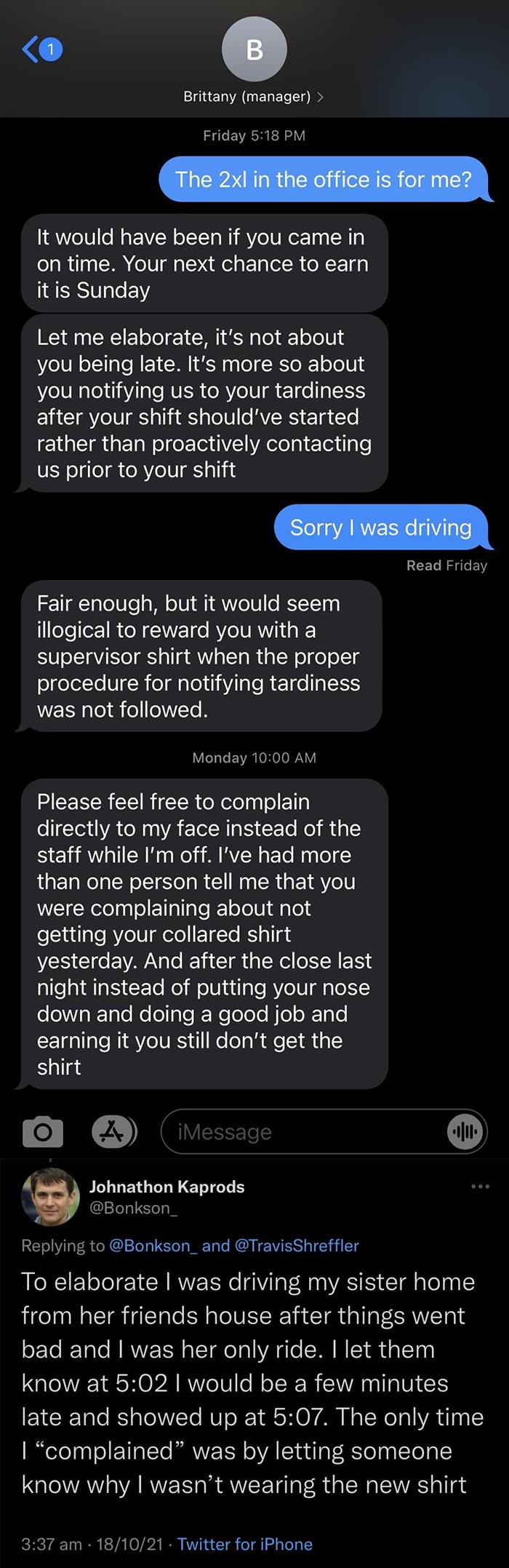 Text message exchange exposing toxic boss behavior about tardiness and supervisor shirt in a workplace, shared on community screenshots.