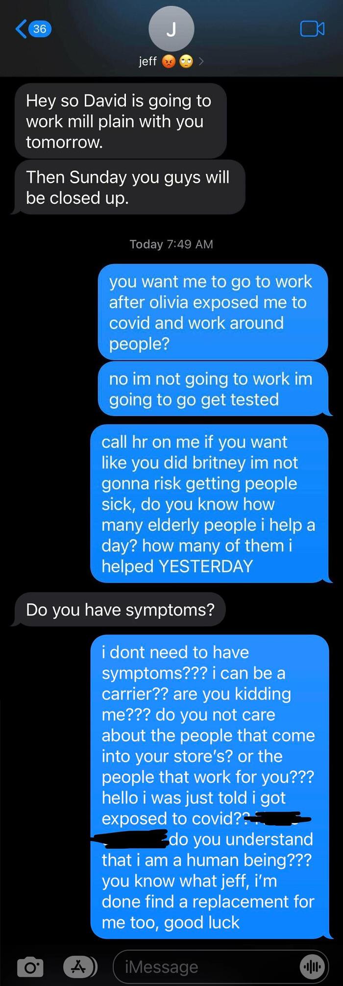 Screenshot of a workplace text conversation exposing a boss from hell regarding COVID exposure and work demands.