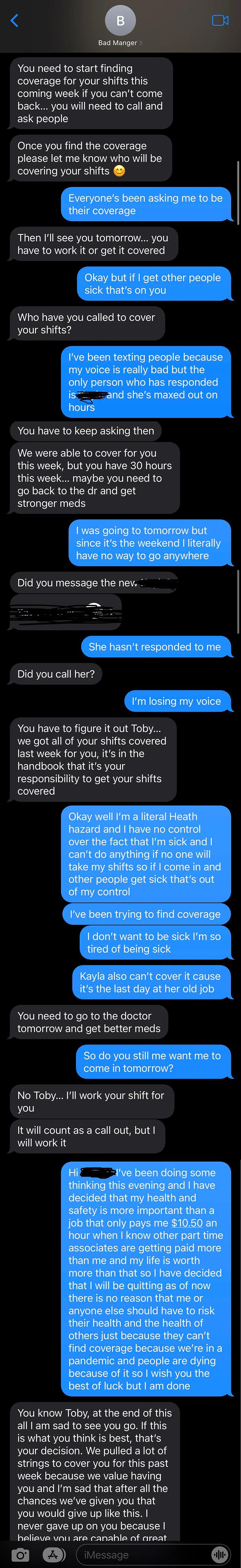 Text messages exposing a difficult boss demanding shift coverage despite employee illness and poor communication.