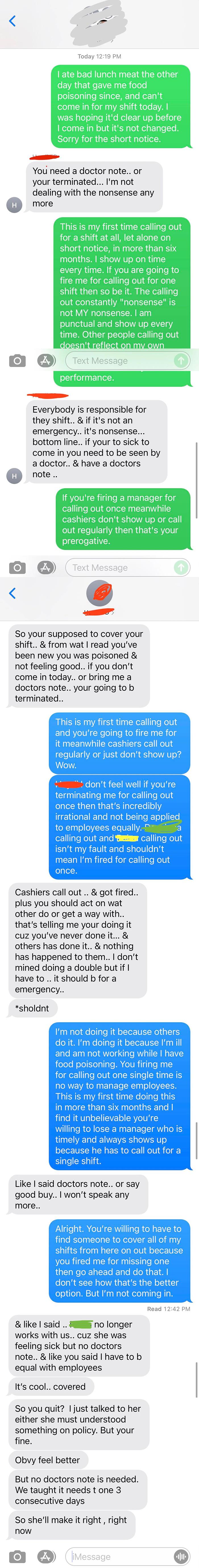 Text message screenshots showing an employee exposing unreasonable boss behavior and unfair firing practices.