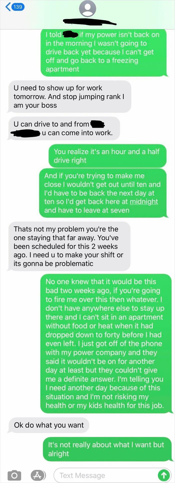 Text conversation showing employee refusing to work in unsafe conditions, exposing bosses from hell behavior.