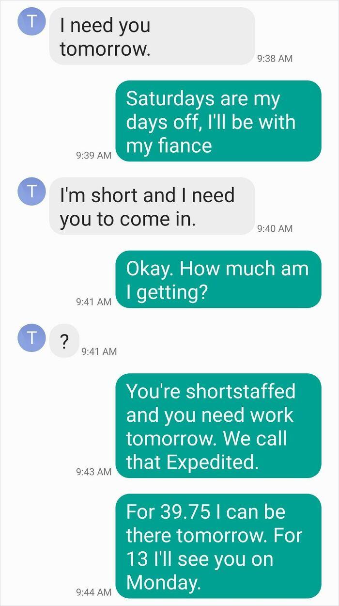 Text message exchange exposing a boss from hell demanding work on days off with negotiable pay, shared on a community platform.