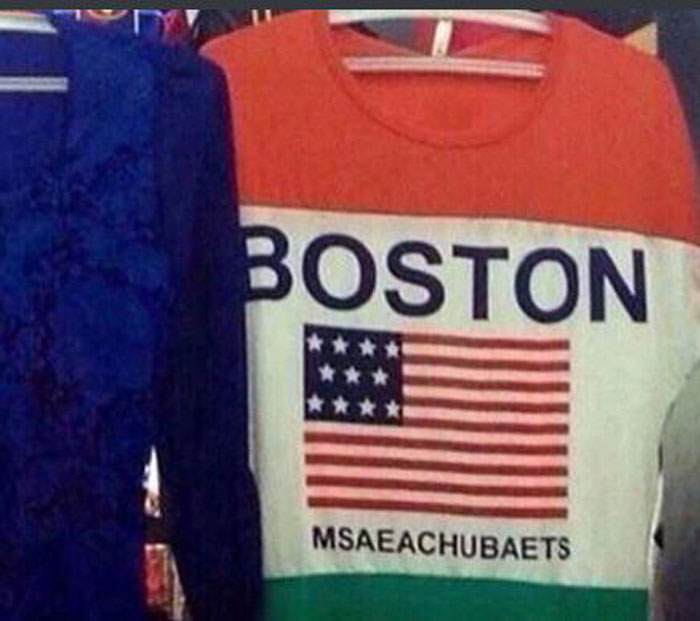 A shirt with a misspelled word under Boston, illustrating hard-to-follow text that becomes hilarious in an online group.