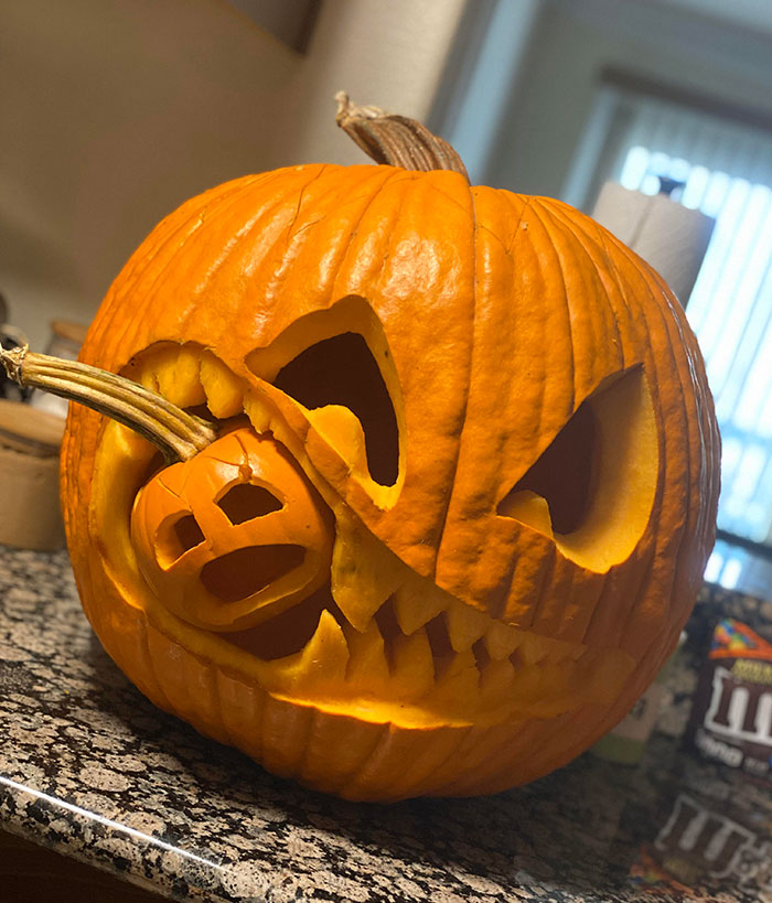 First Time Carving A Pumpkin & I’m 22. Dropped The Little Pumpkin But The Crack Makes It Better
