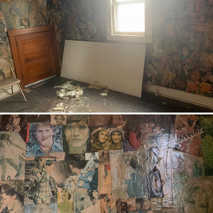This Room In An Old House I Bought That's Entirely Covered In 1970's Magazine Clippings