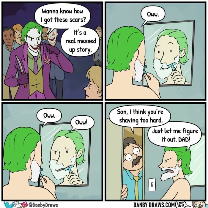 Comic strip featuring a character with green hair shaving, showing silly random twists in a humorous style by Danby Draws.