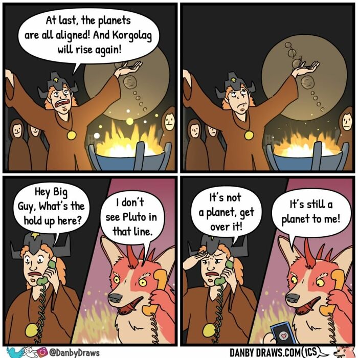 Comic strip showing a humorous conversation about planets and Pluto in silly comics with random twists by Danby Draws.