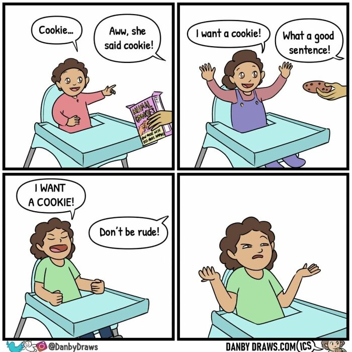Comic strip featuring silly comics with random twists showing children asking for cookies in a humorous way.