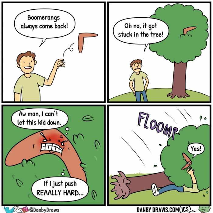 A silly comic with a boomerang trapped in a tree and a random twist of the boomerang pushing a person down.