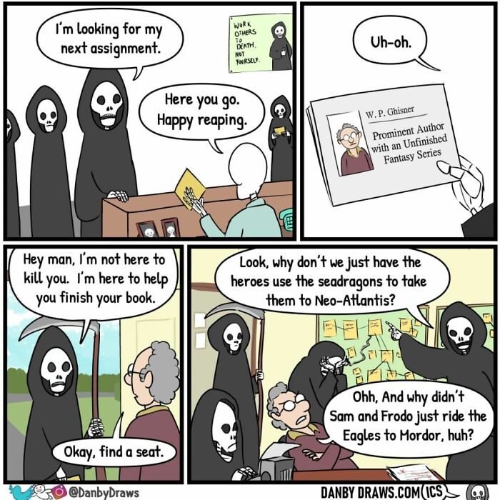 Comic strip showing silly twists with D***h helping an author finish a book, illustrating random humor by Danby Draws.