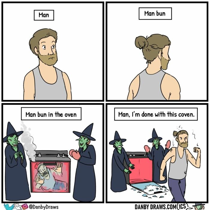 Comic strip showing silly twists with a man, man bun, witches, and a man escaping an oven in random comics.