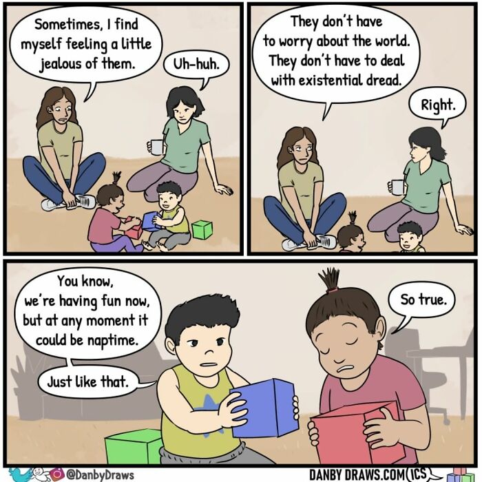 Two women and kids in a silly comic by Danby Draws discussing life with random twists.