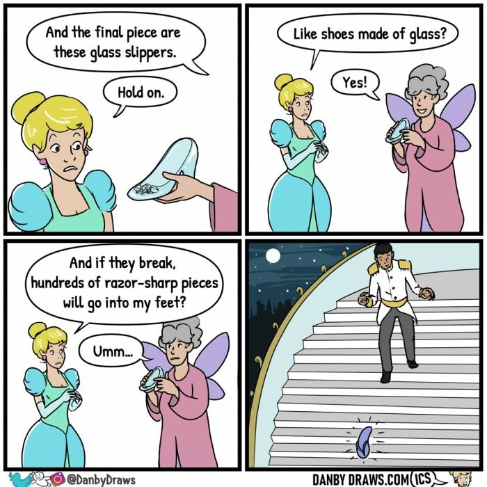 Comic panels showing a princess worried about wearing glass slippers that might break, from silly comics with random twists.