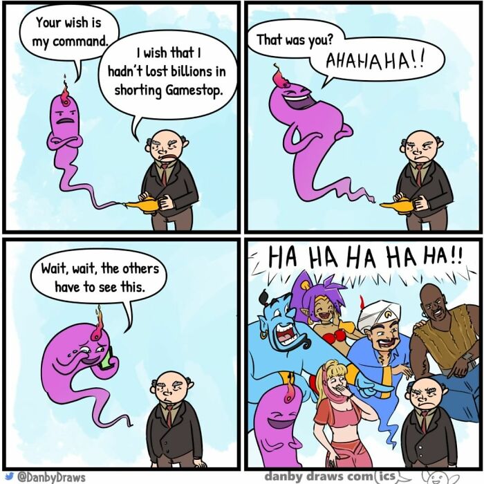 A silly comic by Danby Draws showing a man, a laughing genie, and random characters in a humorous twist.