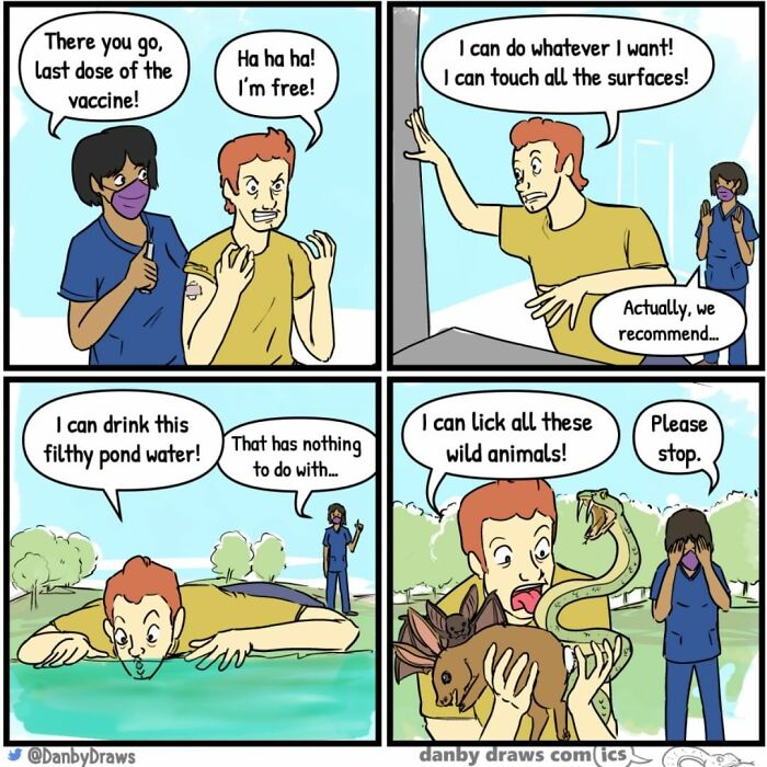 Silly comic panels showing a man free after vaccination doing reckless actions with wild animals and dirty water.